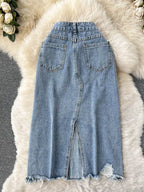 Beading Split Denim Skirts Women High Waist A-line Irregular Jeans Skirts nowadaysfashion
