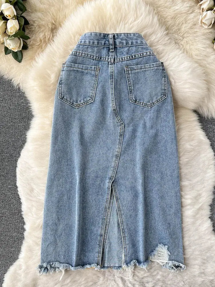 Beading Split Denim Skirts Women High Waist A-line Irregular Jeans Skirts - Blade & Thread
