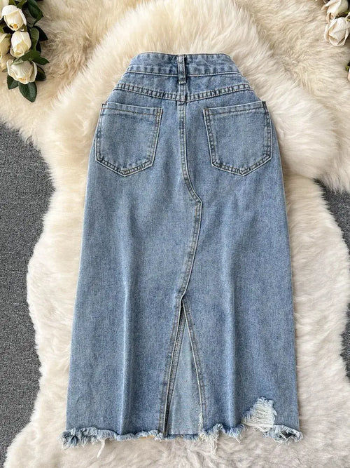 Beading Split Denim Skirts Women High Waist A-line Irregular Jeans Skirts nowadaysfashion