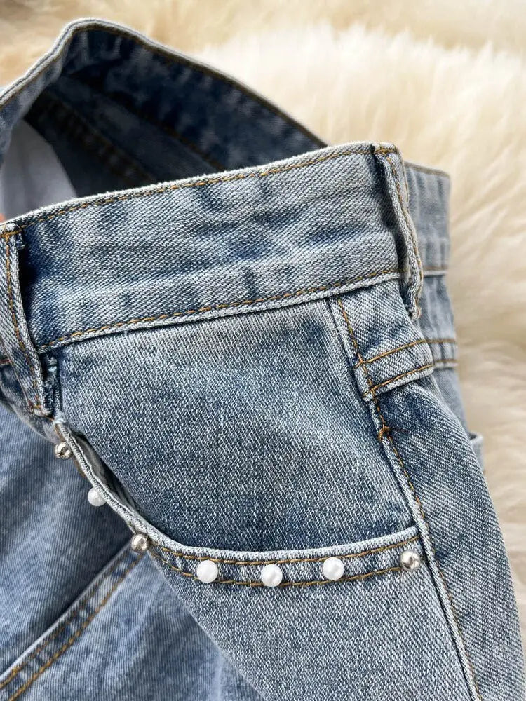 Beading Split Denim Skirts Women High Waist A-line Irregular Jeans Skirts - Blade & Thread