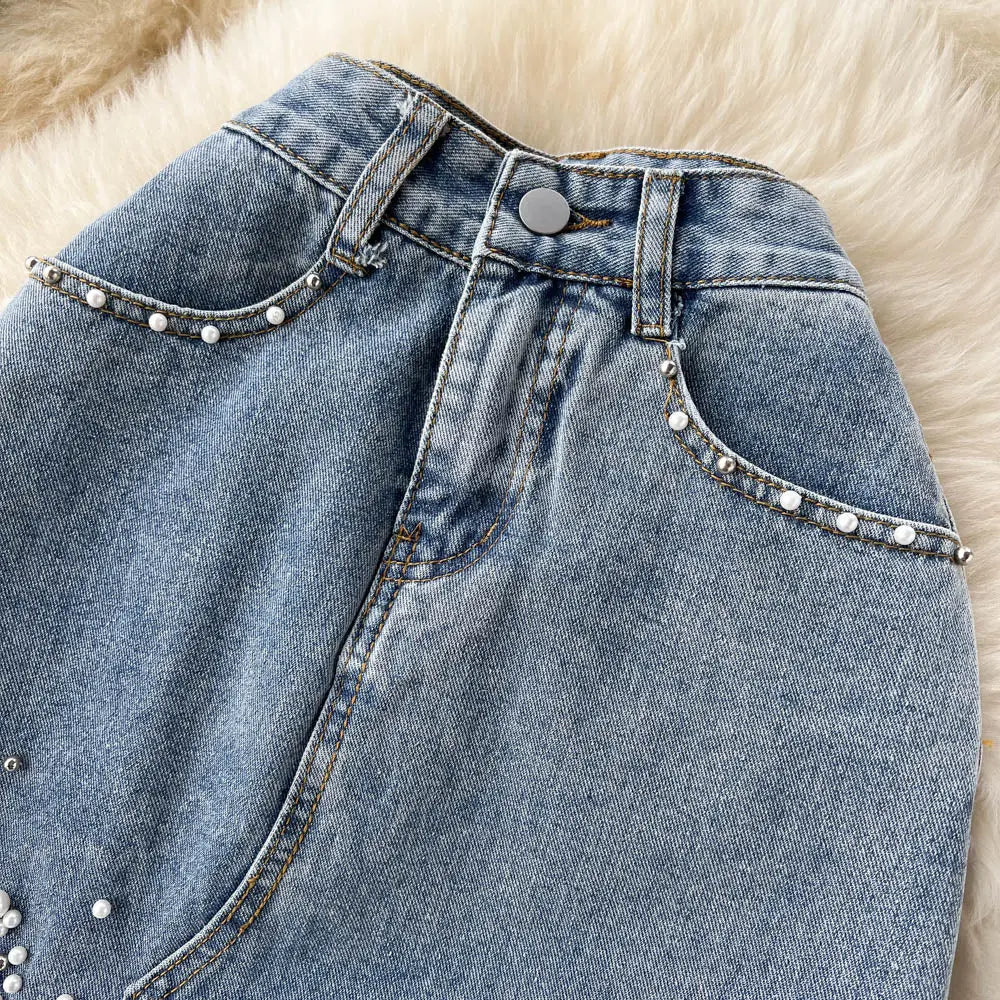 Beading Split Denim Skirts Women High Waist A-line Irregular Jeans Skirts - Blade & Thread