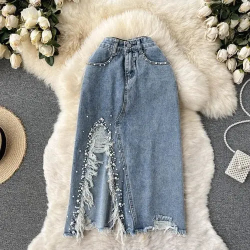 Beading Split Denim Skirts Women High Waist A-line Irregular Jeans Skirts - Blade & Thread