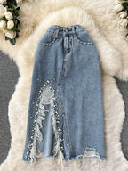 Beading Split Denim Skirts Women High Waist A-line Irregular Jeans Skirts nowadaysfashion