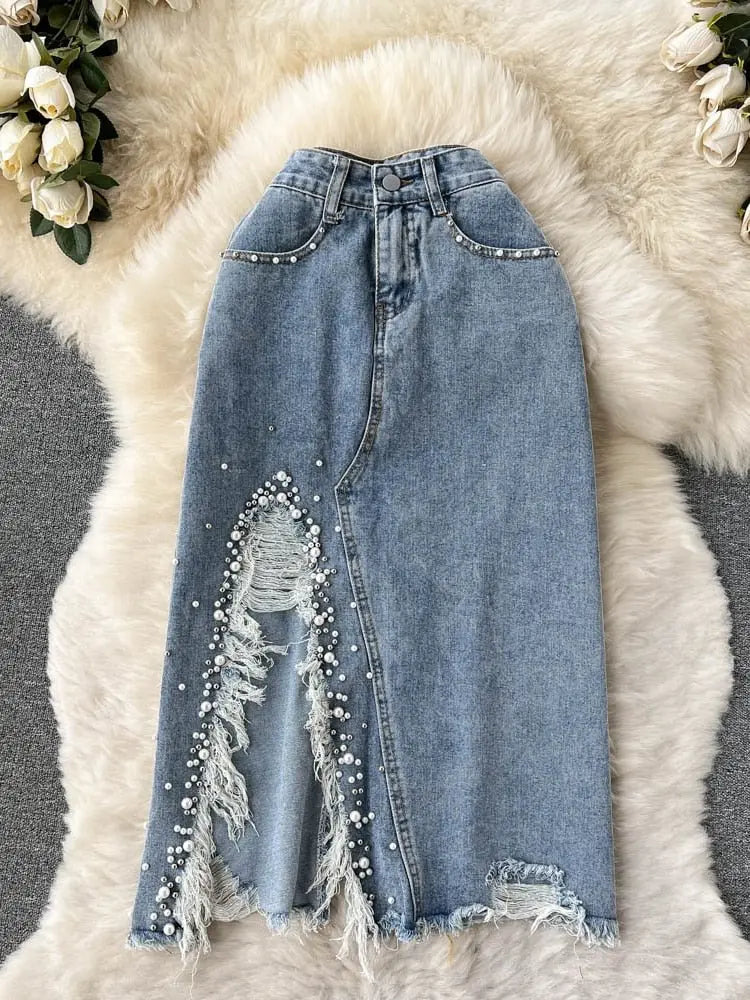 Beading Split Denim Skirts Women High Waist A-line Irregular Jeans Skirts - Blade & Thread