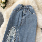 Beading Split Denim Skirts Women High Waist A-line Irregular Jeans Skirts nowadaysfashion
