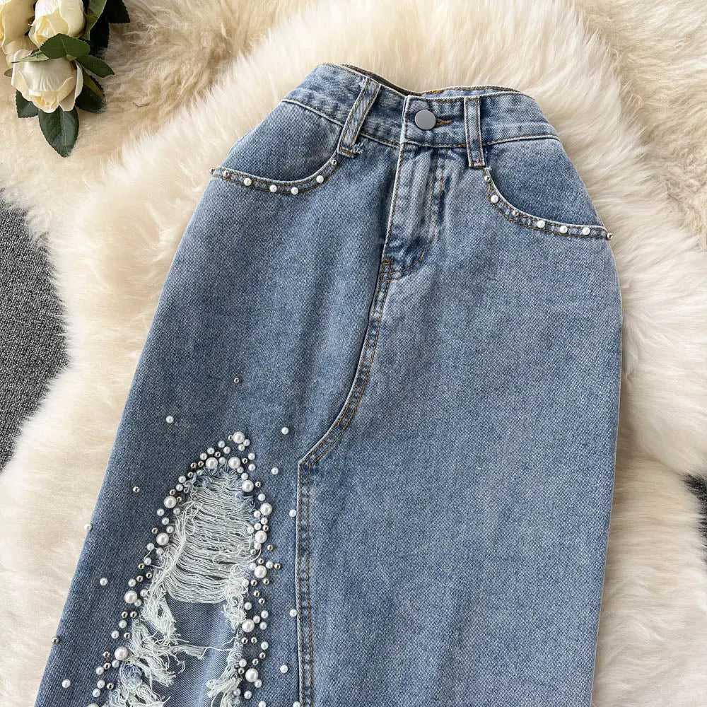Beading Split Denim Skirts Women High Waist A-line Irregular Jeans Skirts - Blade & Thread