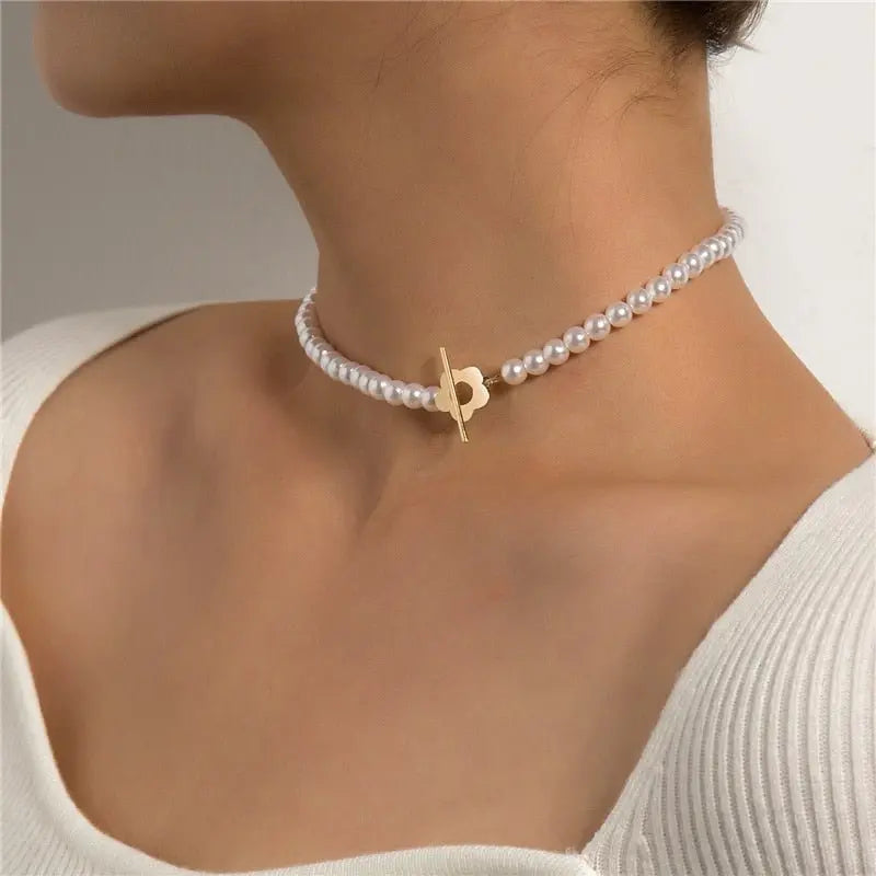 Beads Women's Neck Chain Kpop Pearl Choker Necklace Gold Color Jewelry On The Neck Pendant - Blade & Thread