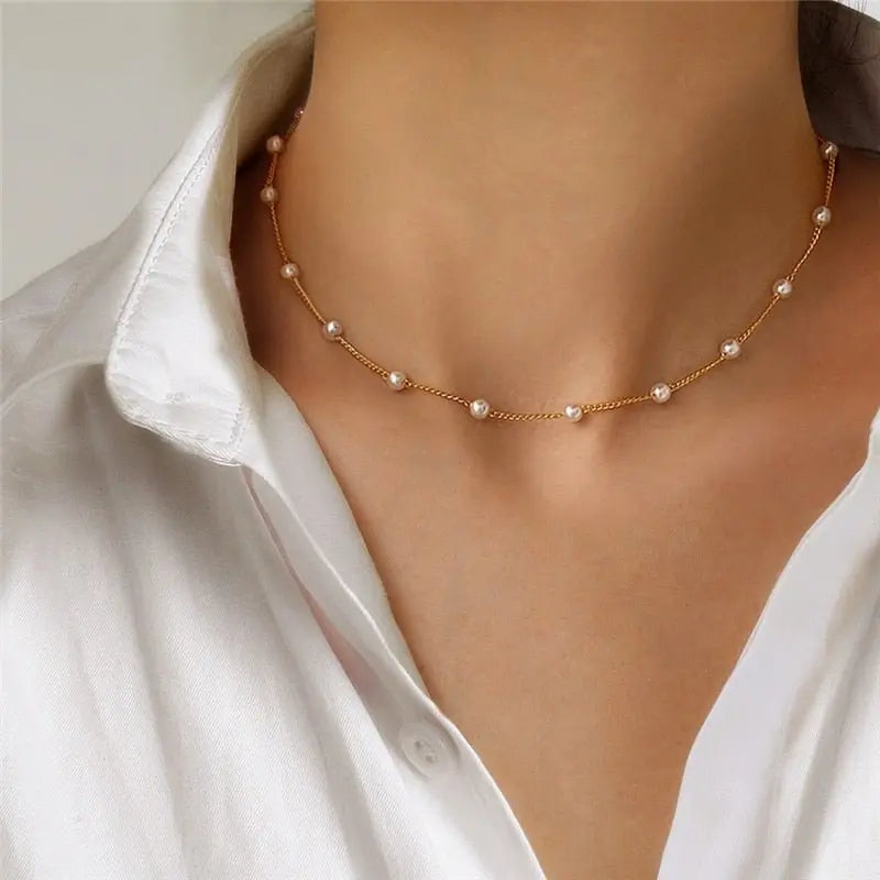 Beads Women's Neck Chain Kpop Pearl Choker Necklace Gold Color Jewelry On The Neck Pendant - Blade & Thread