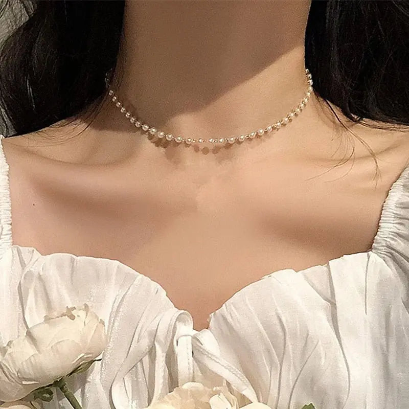 Beads Women's Neck Chain Kpop Pearl Choker Necklace Gold Color Jewelry On The Neck Pendant - Blade & Thread
