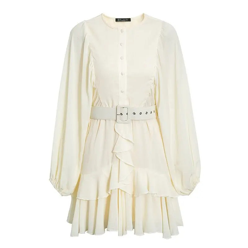 Belt plaid batwing long sleeve women dress summer Office ruffle shirt mini A-line dress - Blade & Thread