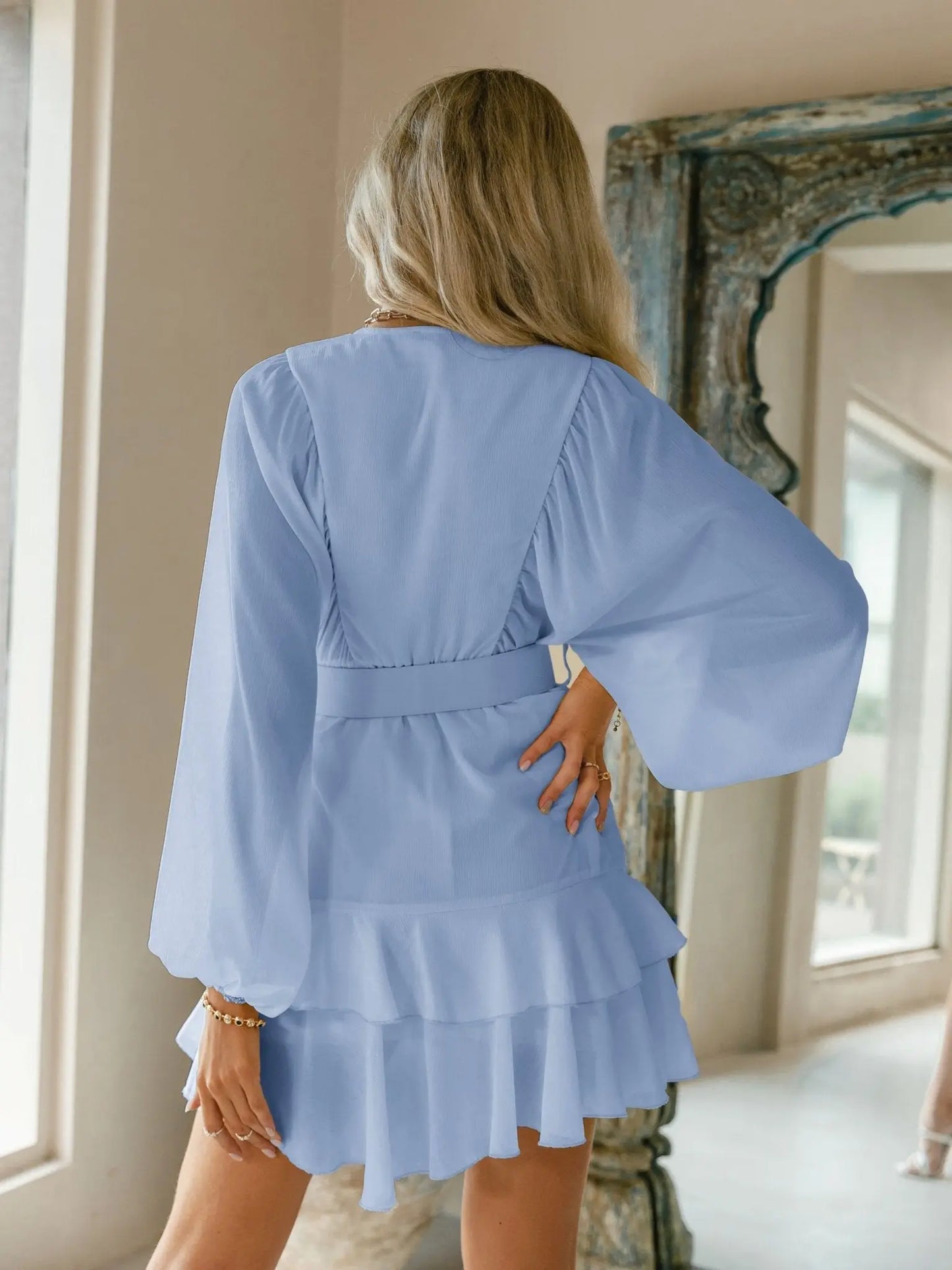 Belt plaid batwing long sleeve women dress summer Office ruffle shirt mini A-line dress - Blade & Thread