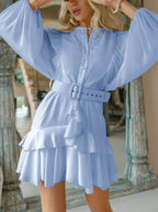 Belt plaid batwing long sleeve women dress summer Office ruffle shirt mini  A-line dress nowadaysfashion