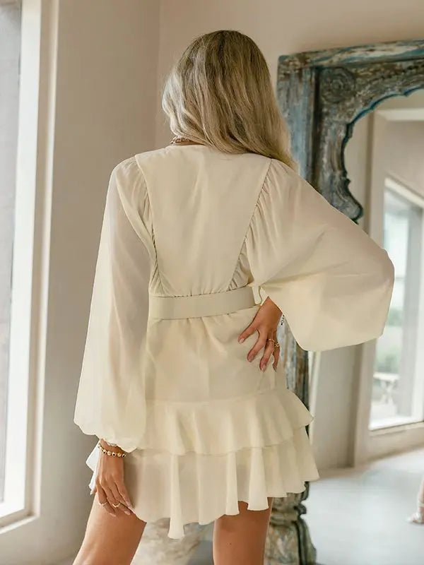 Belt plaid batwing long sleeve women dress summer Office ruffle shirt mini  A-line dress nowadaysfashion