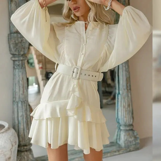 Belt plaid batwing long sleeve women dress summer Office ruffle shirt mini A-line dress - Blade & Thread