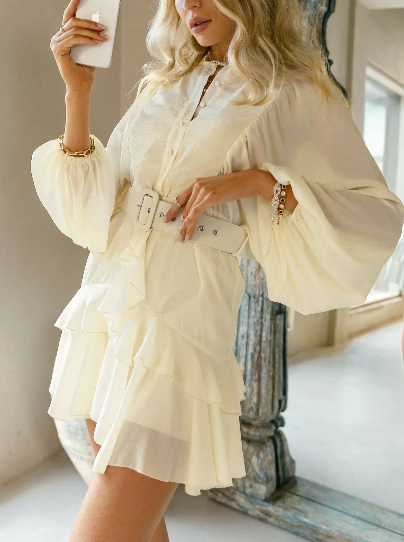 Belt plaid batwing long sleeve women dress summer Office ruffle shirt mini A-line dress - Blade & Thread