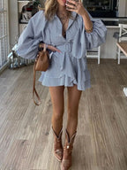 Belt plaid batwing long sleeve women dress summer Office ruffle shirt mini  A-line dress nowadaysfashion