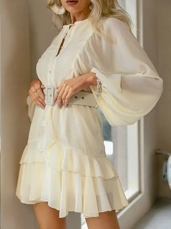 Belt plaid batwing long sleeve women dress summer Office ruffle shirt mini A-line dress - Blade & Thread