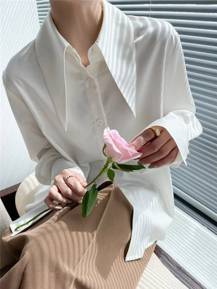 Big Pointed Collar White Blouses For Women Vintage Loose Long Sleeve Shirt nowadaysfashion