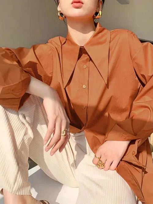 Big Pointed Collar White Blouses For Women Vintage Loose Long Sleeve Shirt nowadaysfashion