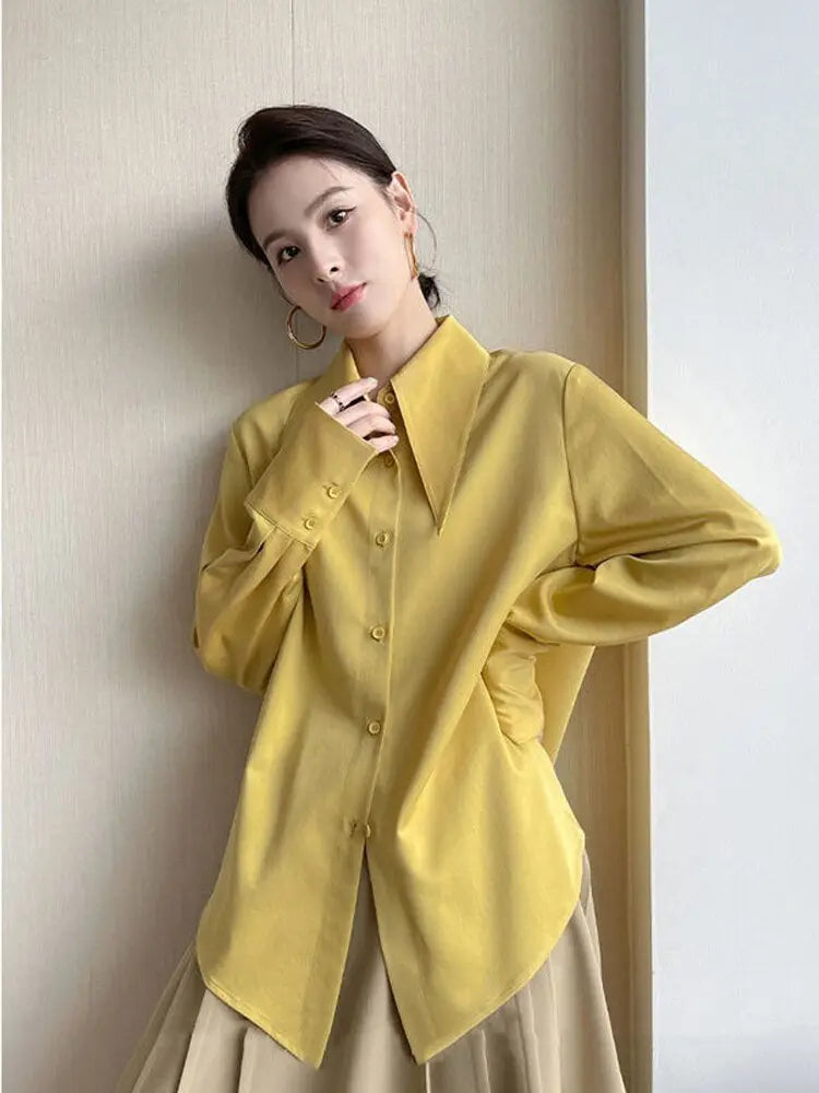 Big Pointed Collar White Blouses For Women Vintage Loose Long Sleeve Shirt nowadaysfashion