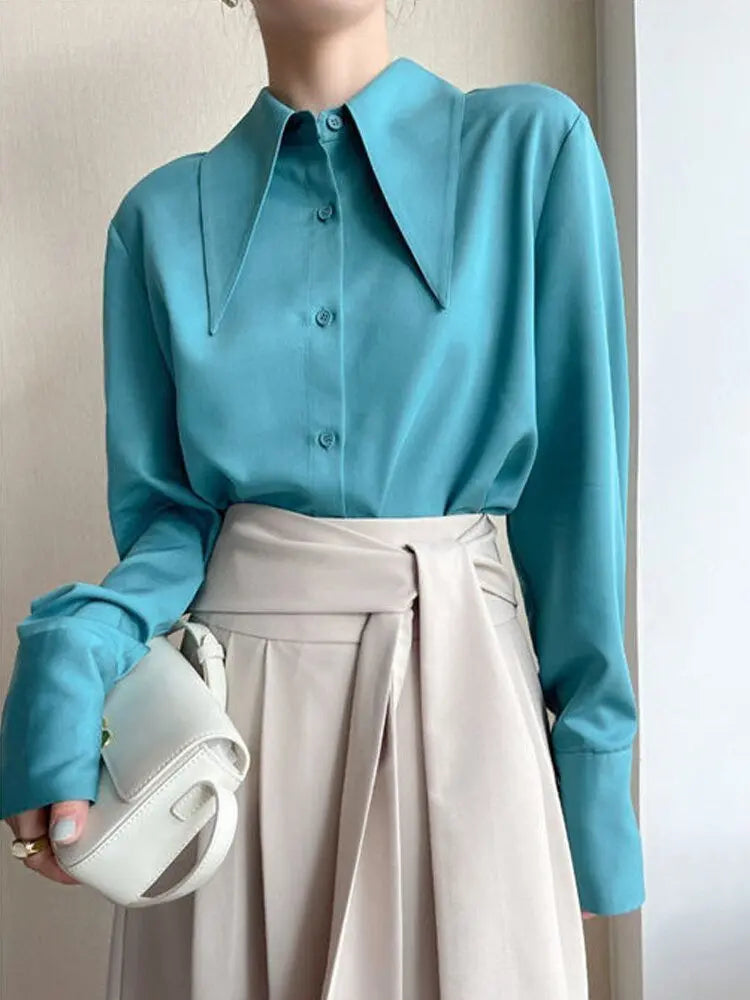 Big Pointed Collar White Blouses For Women Vintage Loose Long Sleeve Shirt - Blade & Thread