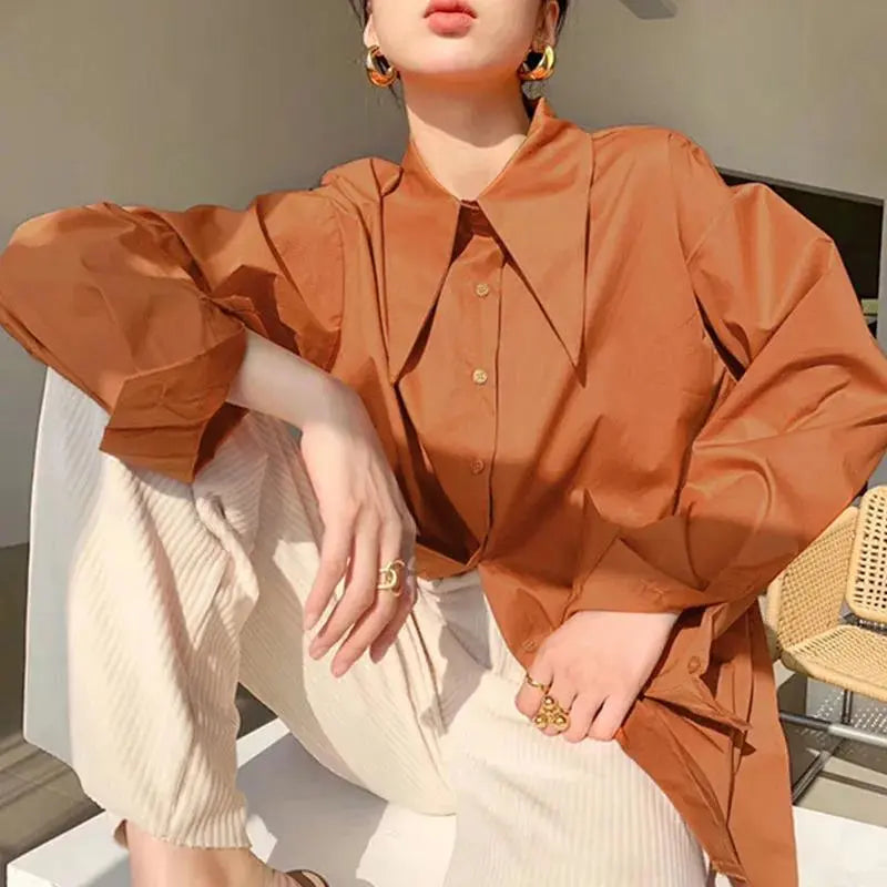 Big Pointed Collar White Blouses For Women Vintage Loose Long Sleeve Shirt nowadaysfashion