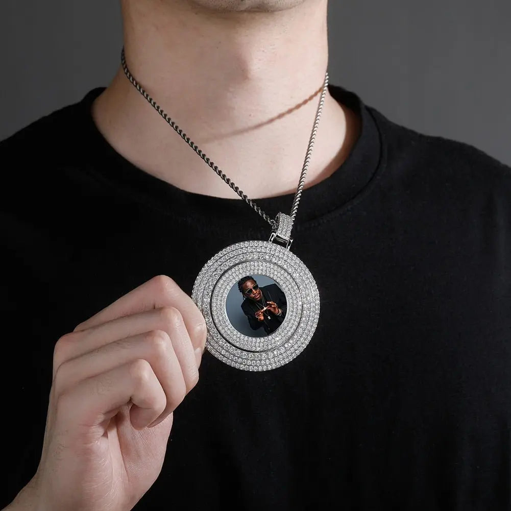 Big Size Custom Photo Rotating Pendant Necklace Full Iced Out Cubic Zirconia Hip Hop Jewelry - Blade & Thread