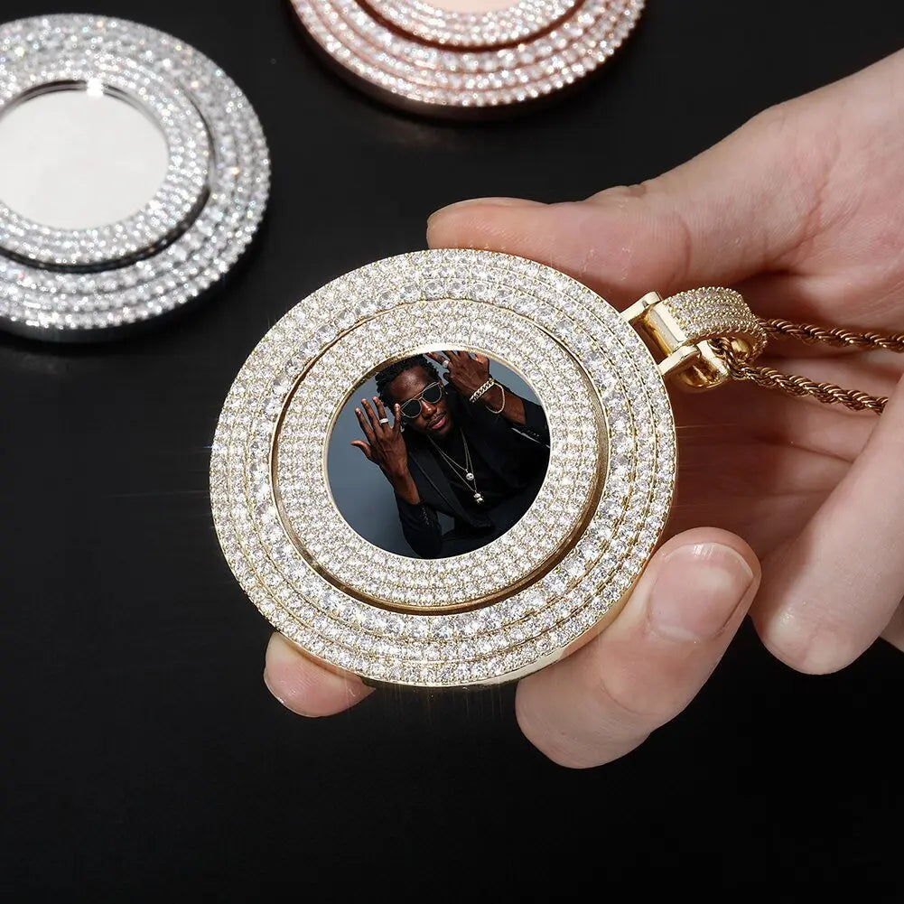 Big Size Custom Photo Rotating Pendant Necklace Full Iced Out Cubic Zirconia Hip Hop Jewelry - Blade & Thread