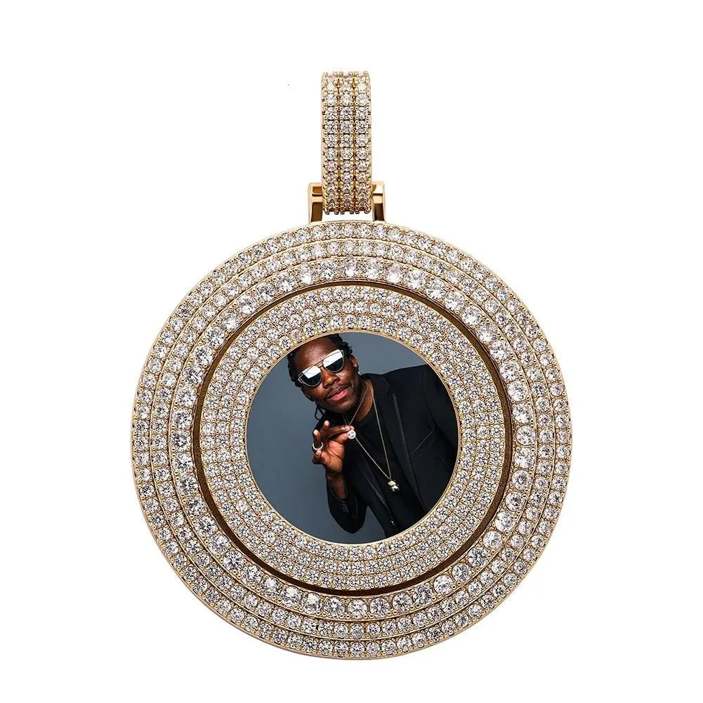 Big Size Custom Photo Rotating Pendant Necklace Full Iced Out Cubic Zirconia Hip Hop Jewelry - Blade & Thread