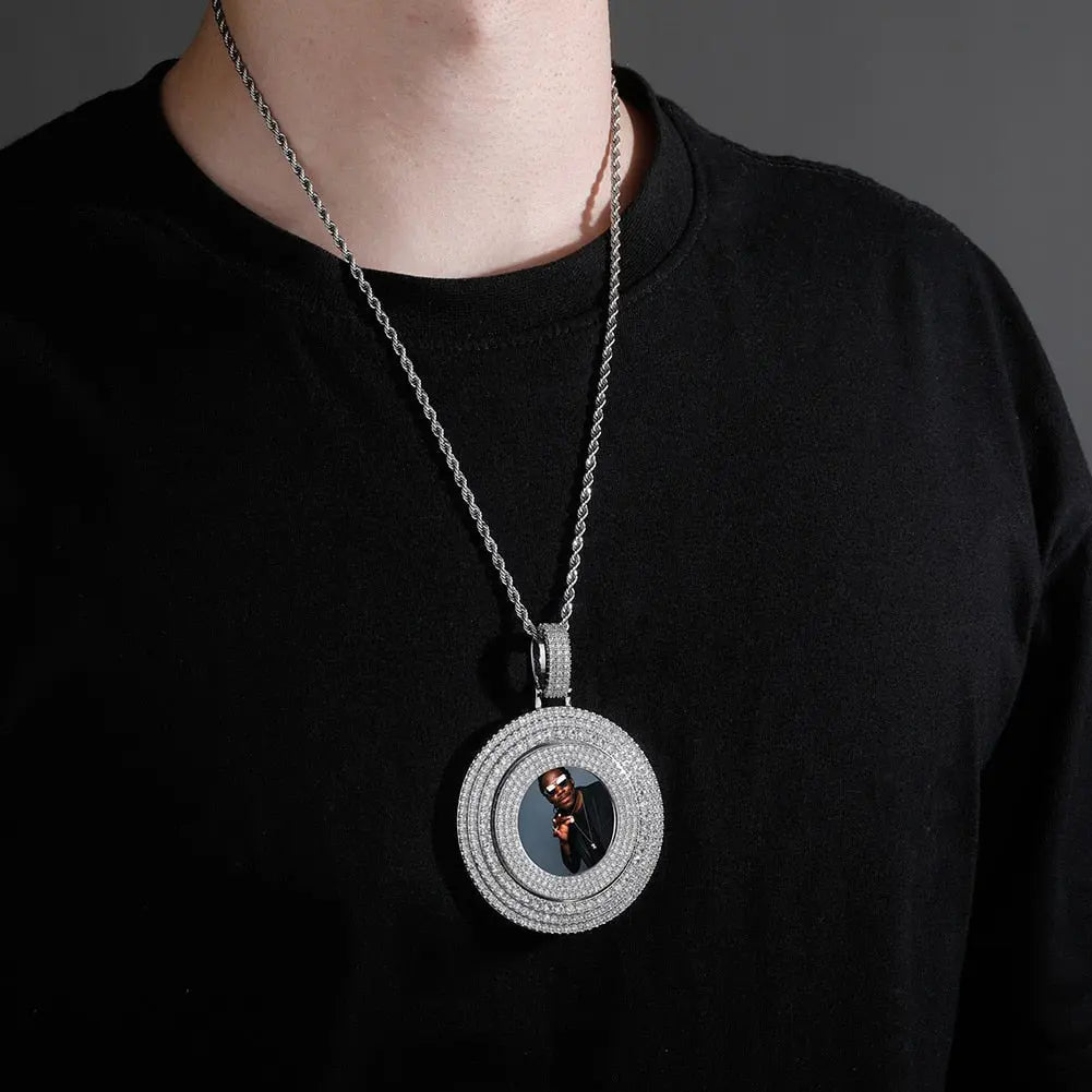 Big Size Custom Photo Rotating Pendant Necklace Full Iced Out Cubic Zirconia Hip Hop Jewelry - Blade & Thread