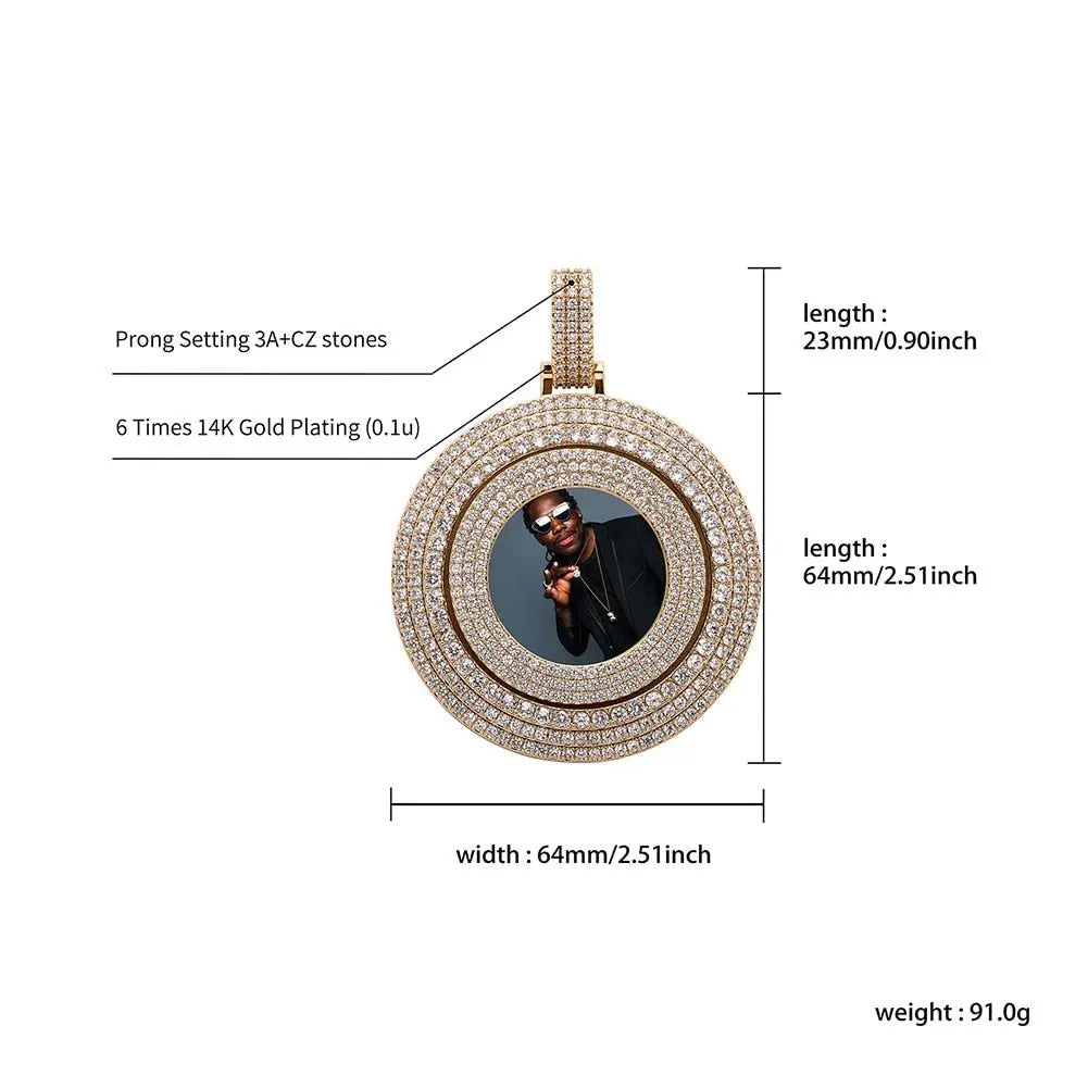 Big Size Custom Photo Rotating Pendant Necklace Full Iced Out Cubic Zirconia Hip Hop Jewelry - Blade & Thread