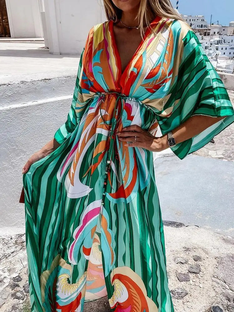 Bikini Cover Ups Print Maxi Dress for Women Summer Bohemian Beach Sexy Floral Tunic Long Dress nowadaysfashion