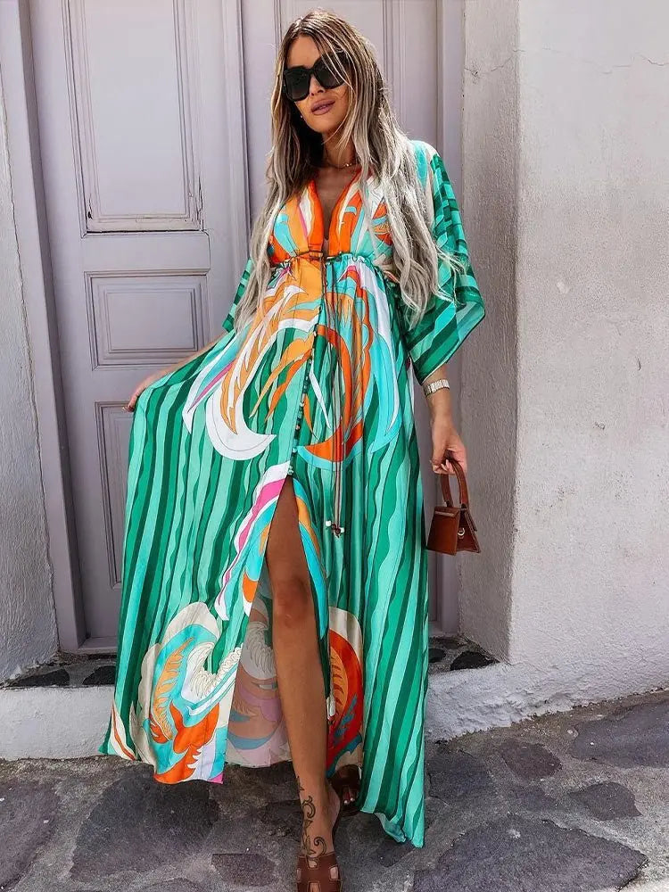 Bikini Cover Ups Print Maxi Dress for Women Summer Bohemian Beach Sexy Floral Tunic Long Dress - Blade & Thread