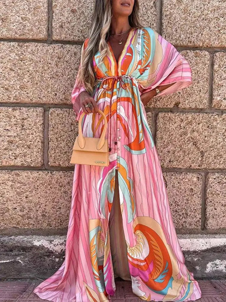 Bikini Cover Ups Print Maxi Dress for Women Summer Bohemian Beach Sexy Floral Tunic Long Dress nowadaysfashion