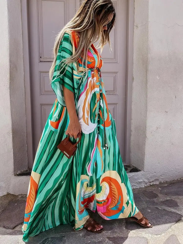 Bikini Cover Ups Print Maxi Dress for Women Summer Bohemian Beach Sexy Floral Tunic Long Dress - Blade & Thread