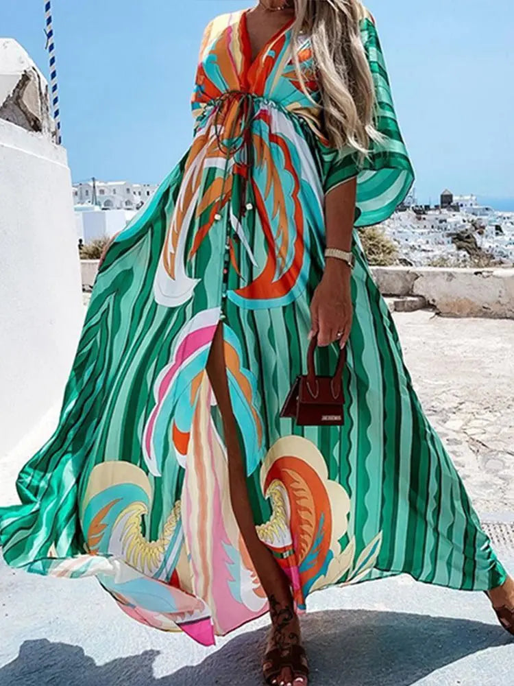 Bikini Cover Ups Print Maxi Dress for Women Summer Bohemian Beach Sexy Floral Tunic Long Dress nowadaysfashion