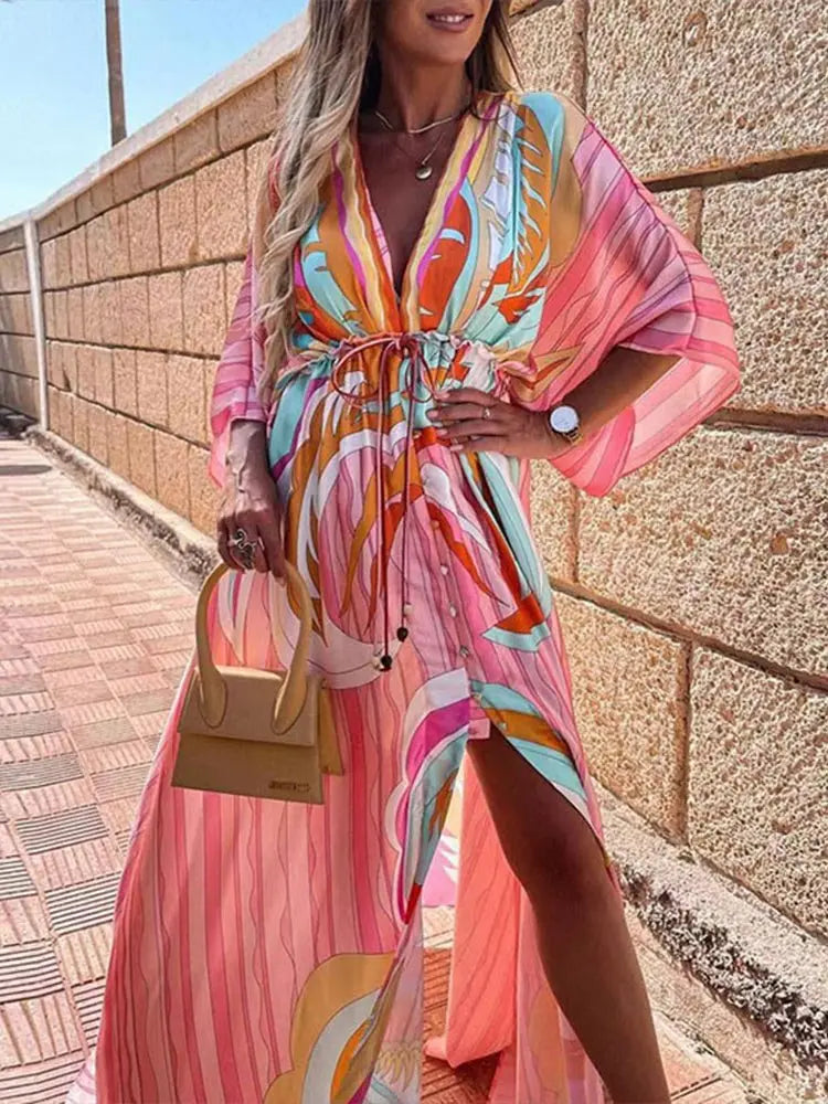 Bikini Cover Ups Print Maxi Dress for Women Summer Bohemian Beach Sexy Floral Tunic Long Dress - Blade & Thread