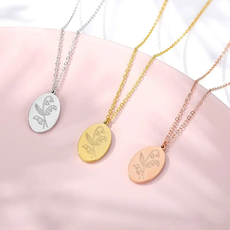 Birth Mother Flower Neckalce New Month Necklace For Mom Gold Color Oval Pendant Necklace - Blade & Thread