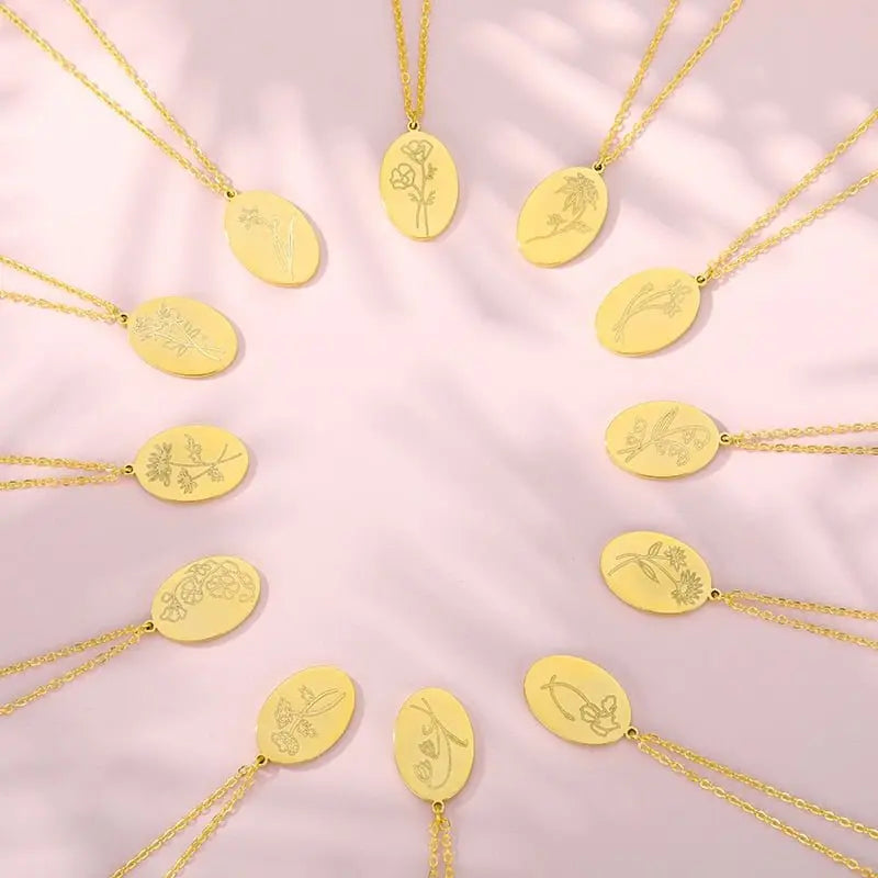 Birth Mother Flower Neckalce New Month Necklace For Mom Gold Color Oval Pendant Necklace - Blade & Thread
