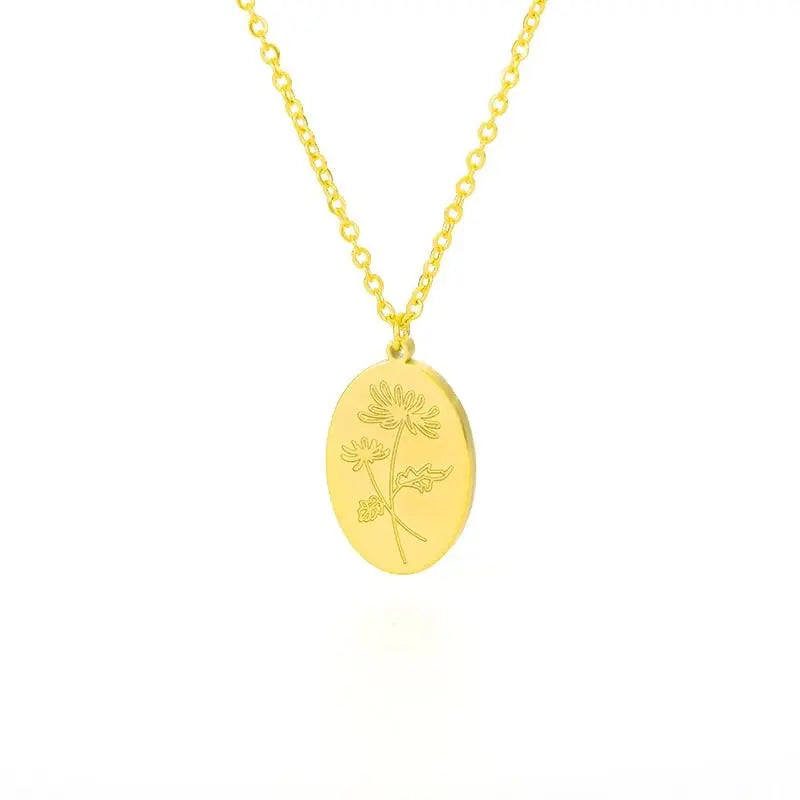 Birth Mother Flower Neckalce New Month Necklace For Mom Gold Color Oval Pendant Necklace - Blade & Thread