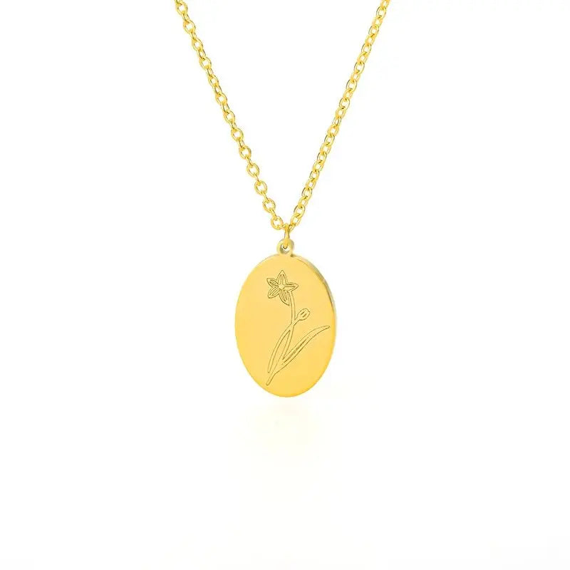 Birth Mother Flower Neckalce New Month Necklace For Mom Gold Color Oval Pendant Necklace - Blade & Thread