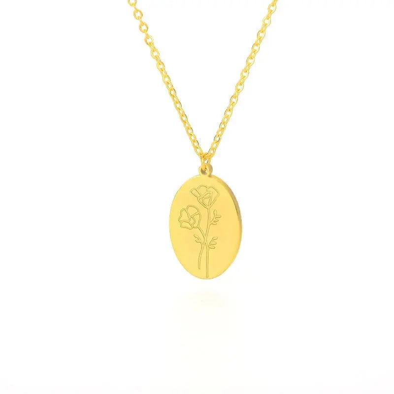 Birth Mother Flower Neckalce New Month Necklace For Mom Gold Color Oval Pendant Necklace - Blade & Thread