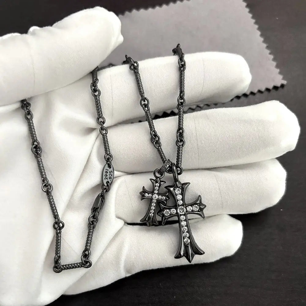 black double cross diamond Bamboo necklace - Blade & Thread