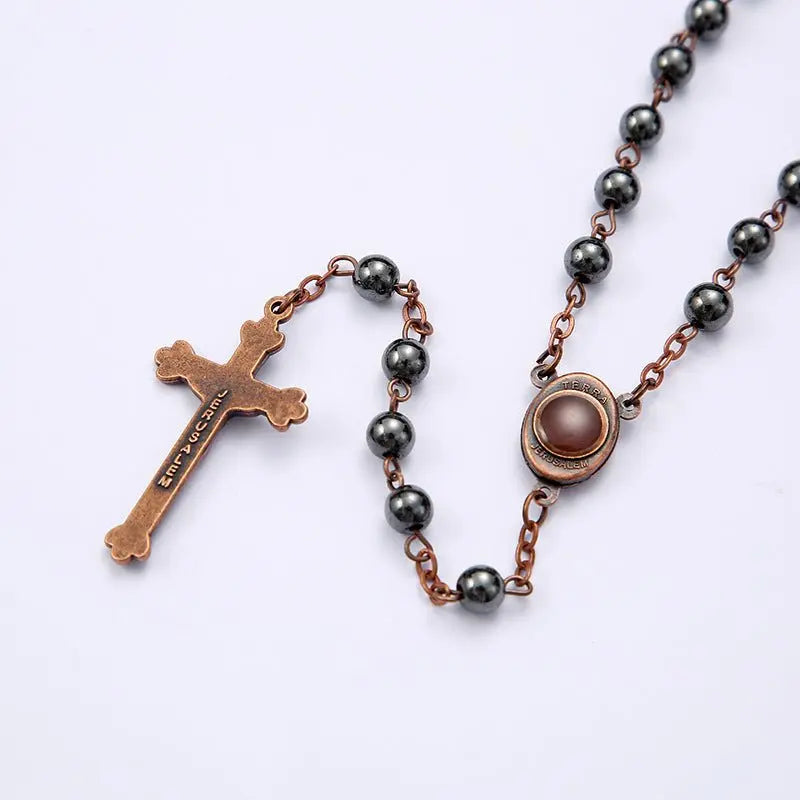 Black gallstone round bead rosary necklace - Blade & Thread