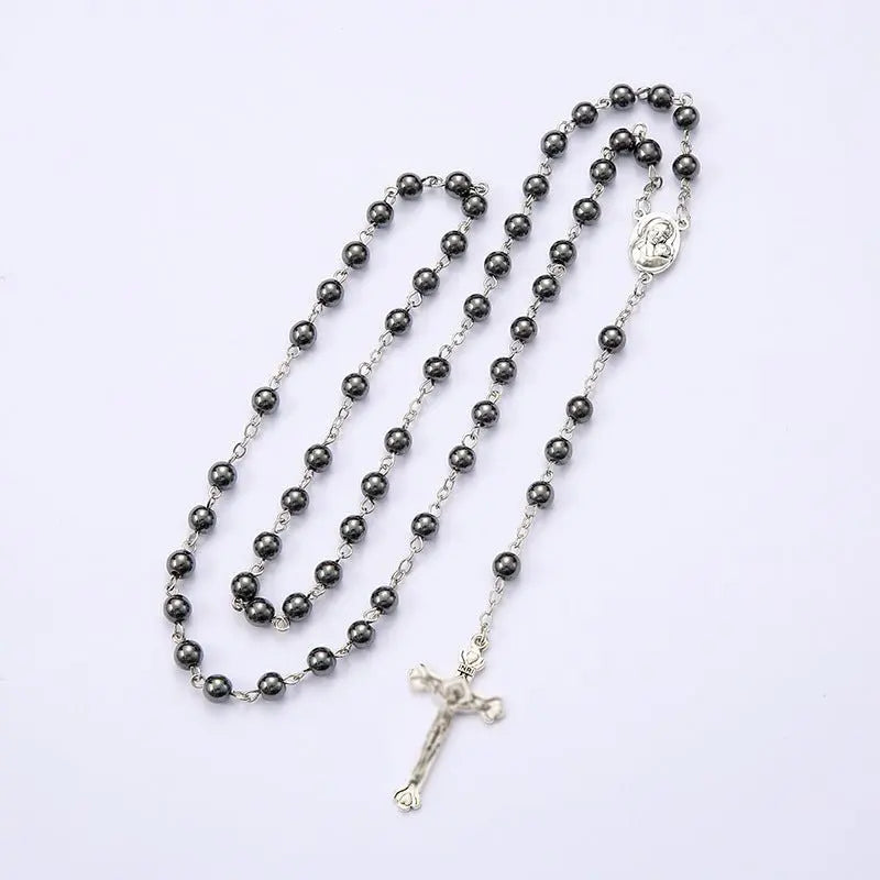 Black gallstone round bead rosary necklace - Blade & Thread