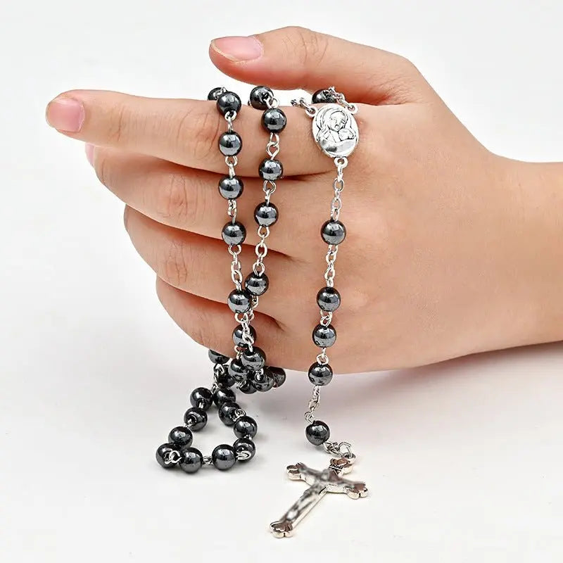 Black gallstone round bead rosary necklace nowadaysfashion