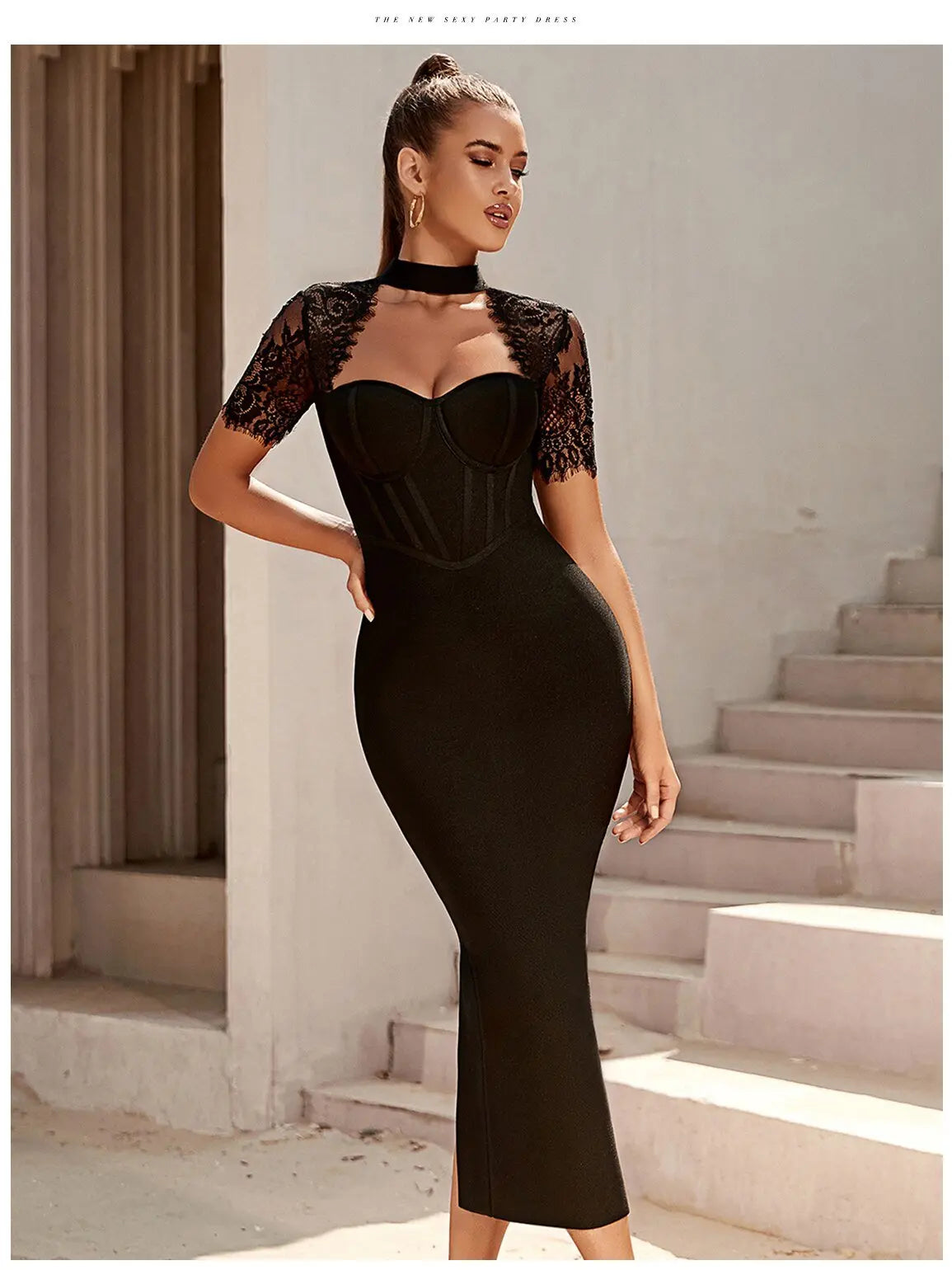 Black Lace Bodycon Bandage Dress Sexy Short Sleeve Party Dress Vestido - Blade & Thread