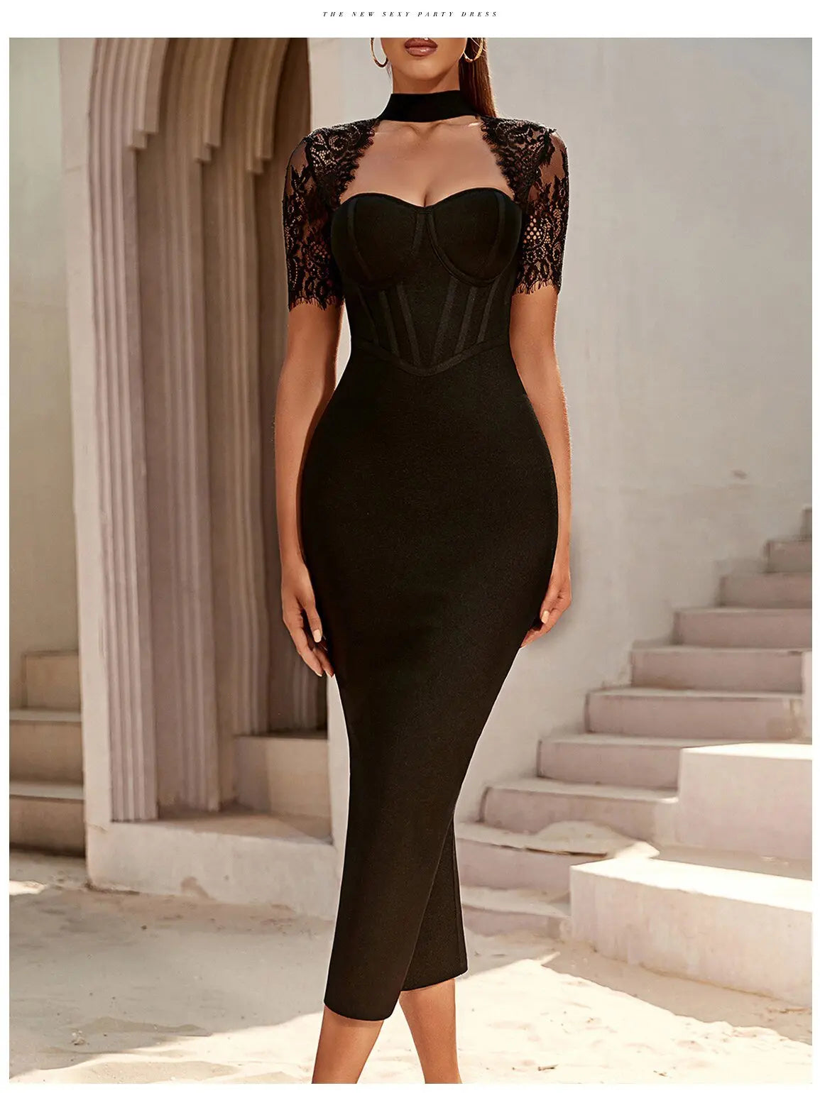 Black Lace Bodycon Bandage Dress Sexy Short Sleeve Party Dress Vestido nowadaysfashion
