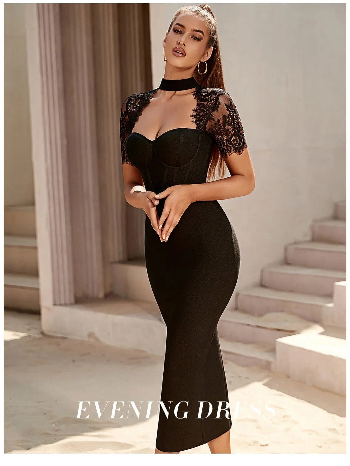 Black Lace Bodycon Bandage Dress Sexy Short Sleeve Party Dress Vestido nowadaysfashion