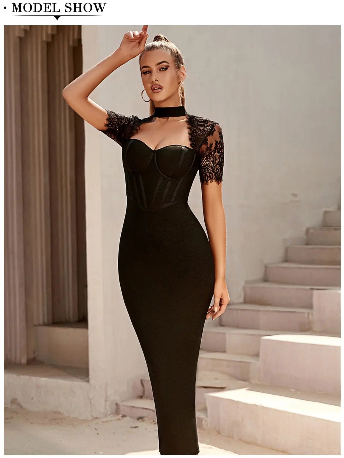 Black Lace Bodycon Bandage Dress Sexy Short Sleeve Party Dress Vestido - Blade & Thread